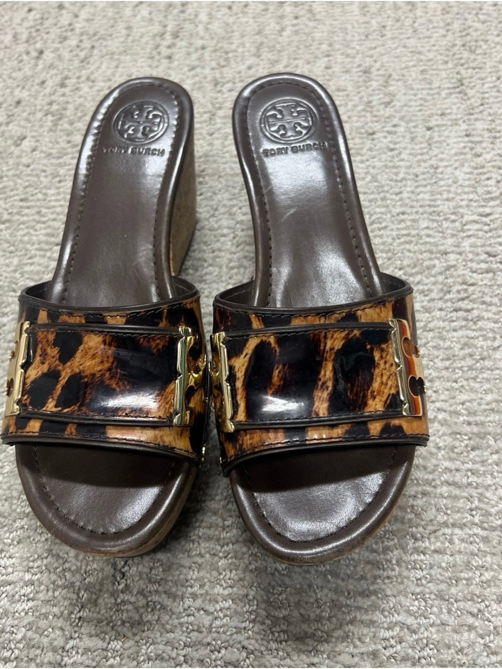 Tory Burch Brown Leopard Print Wedge Mules with Gold Hardware